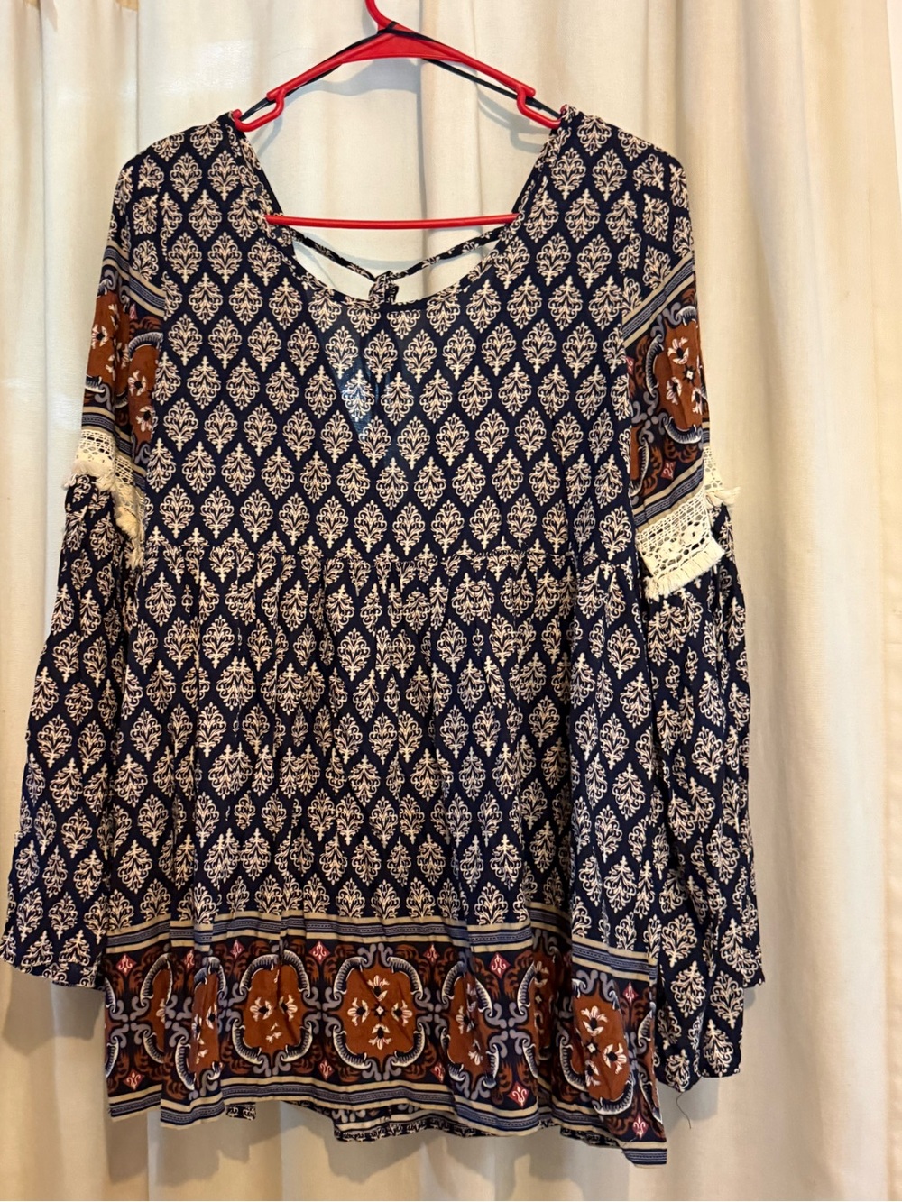 entro Navy and Brown Boho Peasant Tunic Top